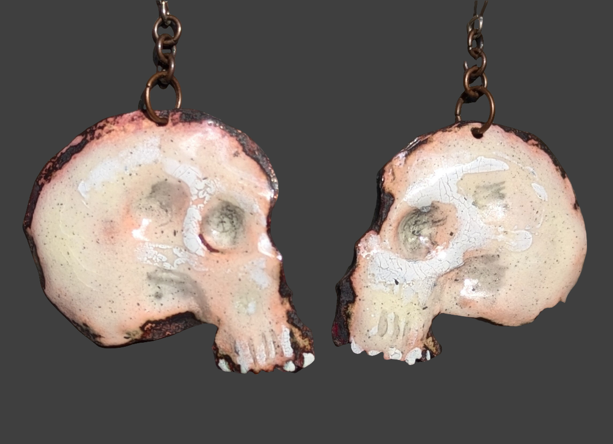 SOLD: I can make you a similar pair. Send me a message if you're interested. Turn around is 2 weeks to one month currently. Skull earrings, 'Alas poor Yorick' enameled copper handmade momento mori