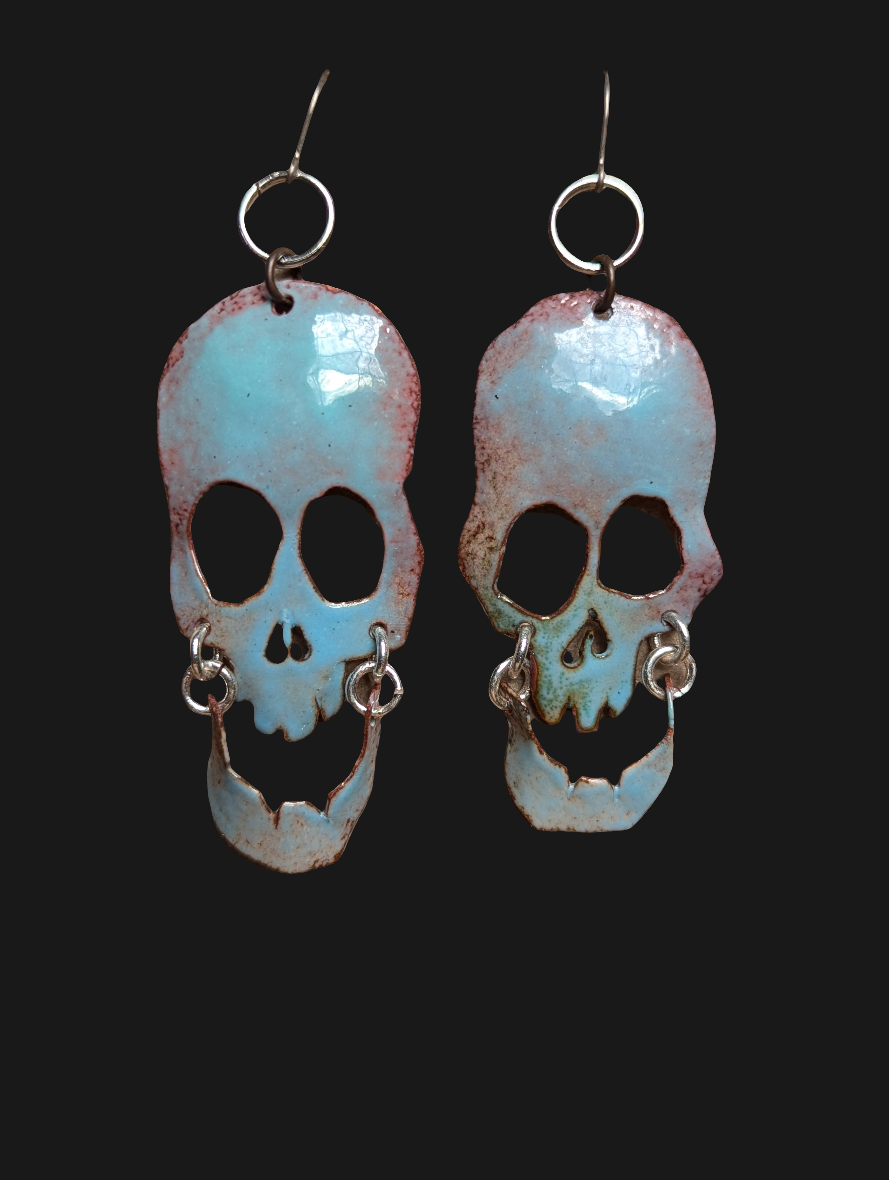 Halo Skully, enameled copper statement earrings with swinging jaws