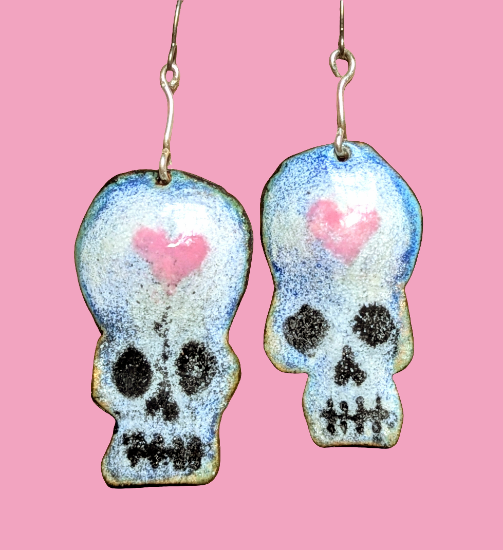 Heart Skulls, because love matters and life is short. Enameled copper.