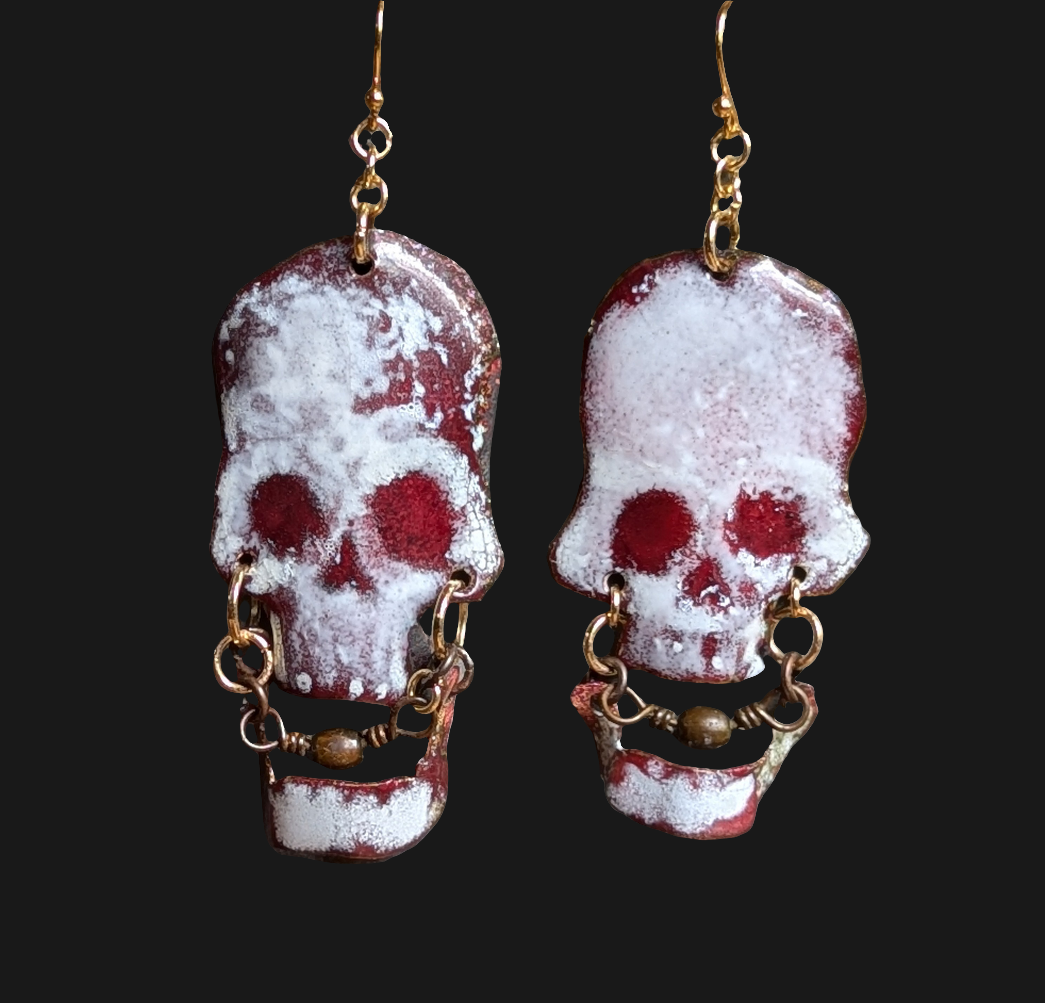 Ball gag skully earrings, hand formed enameled copper