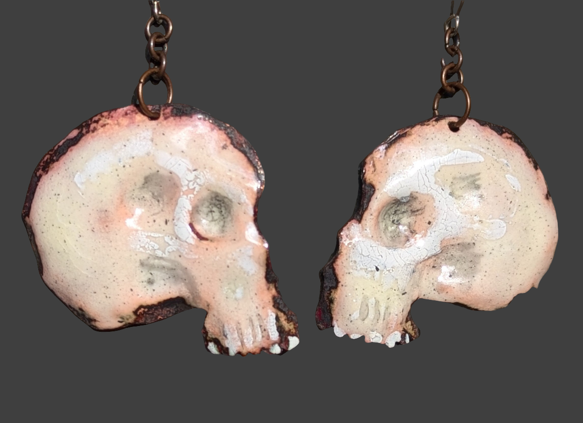 Skull earrings, 'Alas poor Yorick' enameled copper handmade momento mori