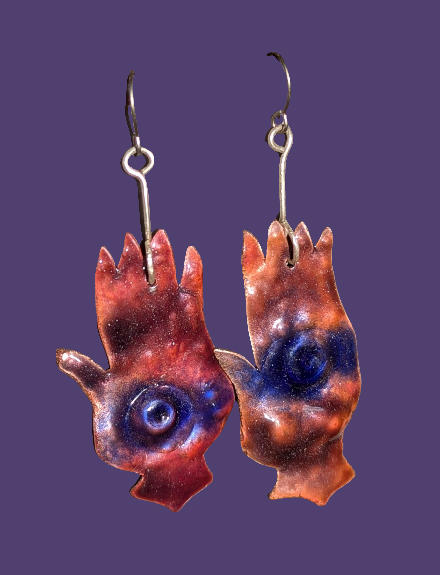 Eye palm earrings. Wards against the evil eye. Hand formed, enameled copper