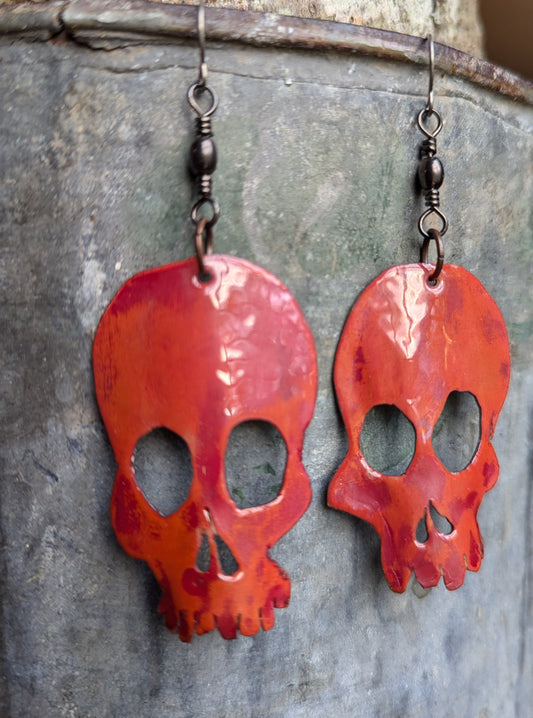 Skull earrings: handmade, rotating, torch fired enamel, one of a kind