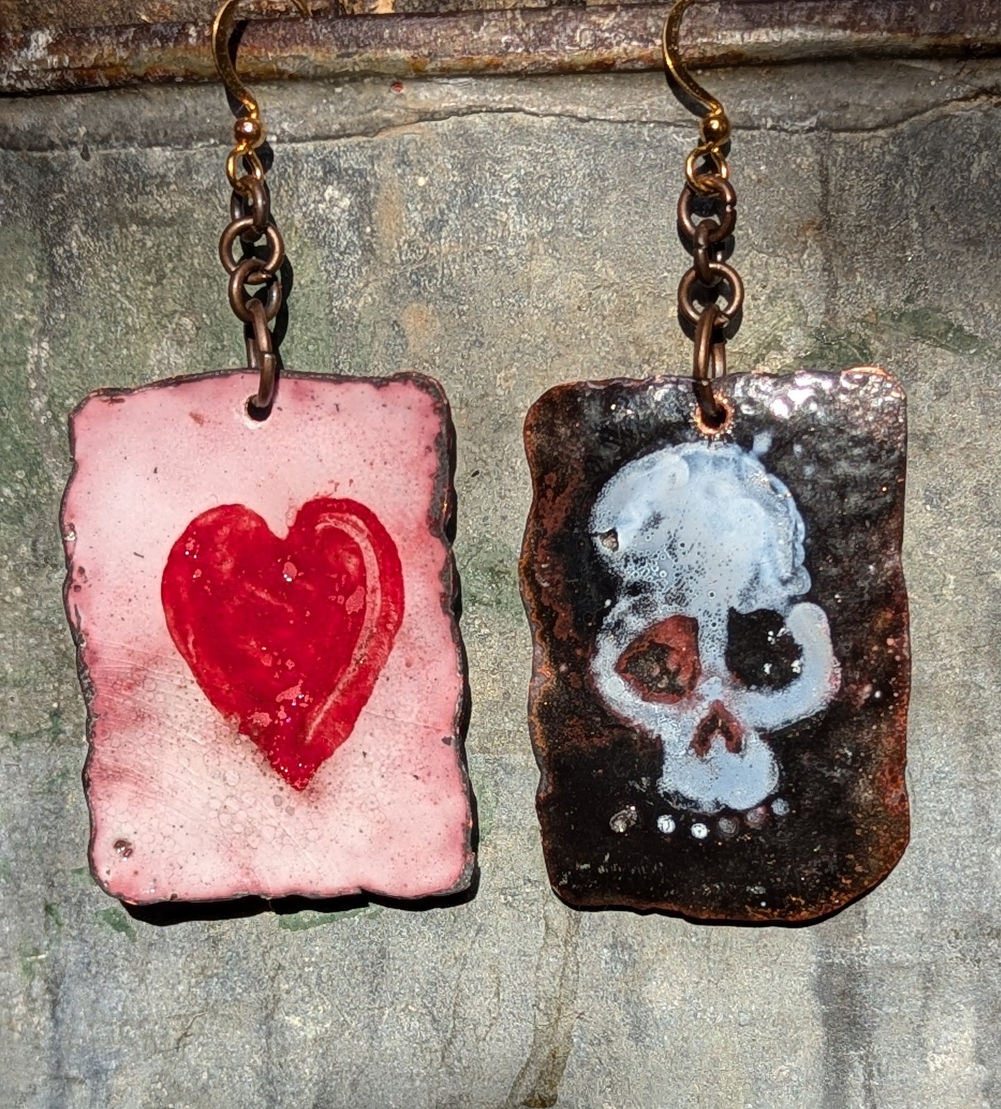 Skulls and hearts, torch fired enamel earrings, double sided