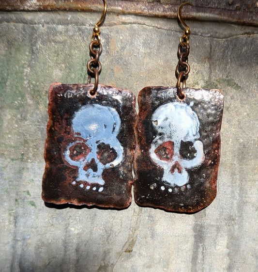 Skulls and hearts, torch fired enamel earrings, double sided