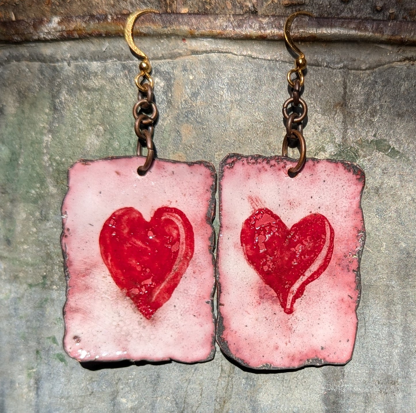 Skulls and hearts, torch fired enamel earrings, double sided