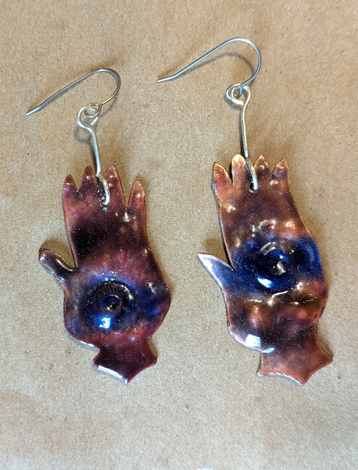 Eye palm earrings. Wards against the evil eye. Hand formed, enameled copper