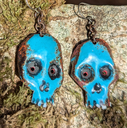 SOLD: Skull earrings, torch fired enamel in ocean blue