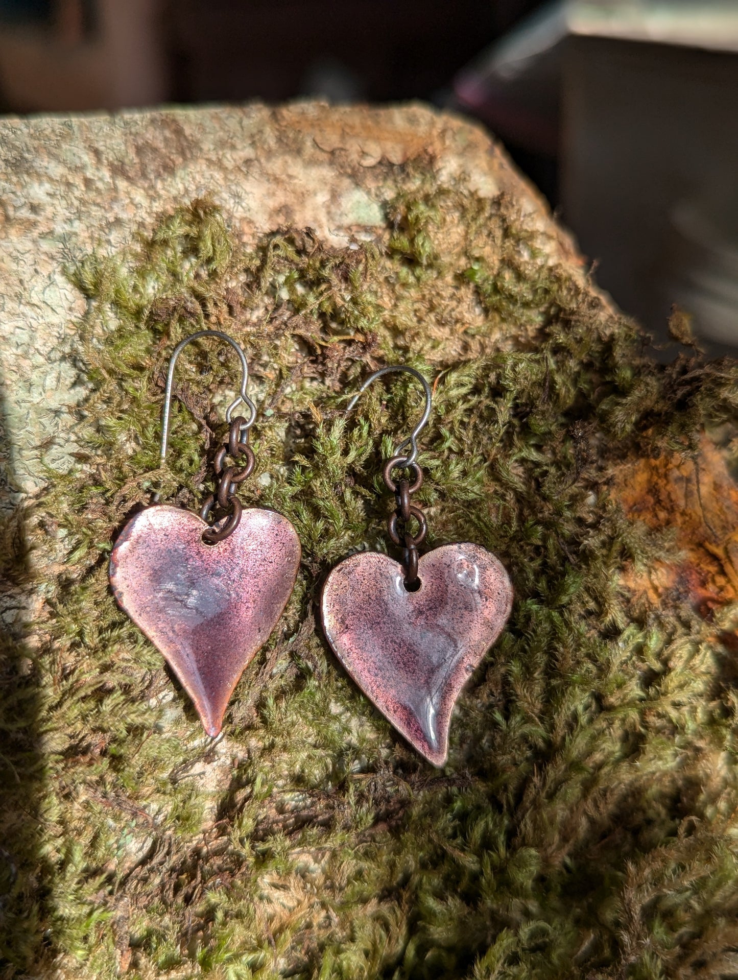 Purple heart earrings, copper torch fired translucent enamel