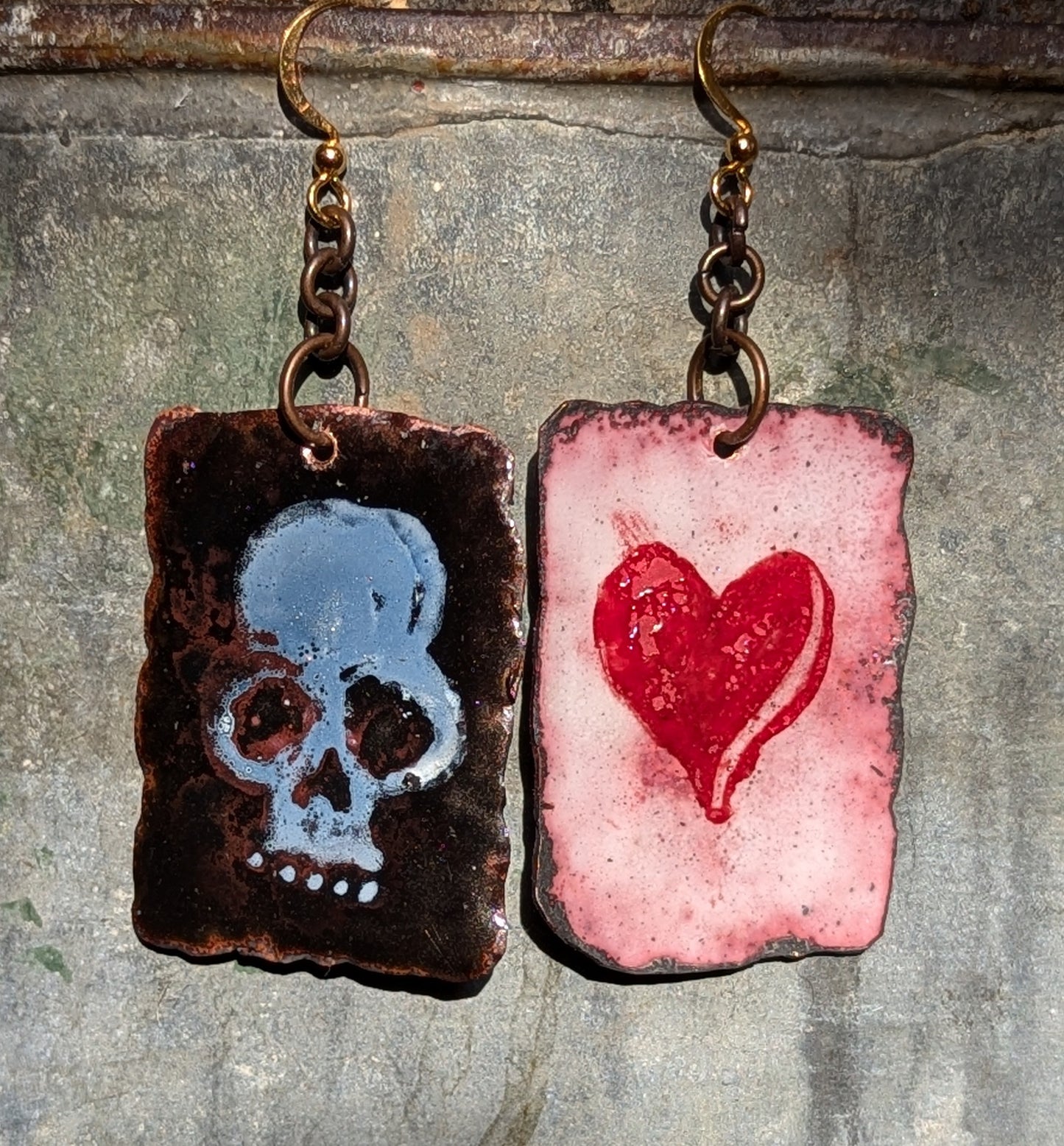 Skulls and hearts, torch fired enamel earrings, double sided