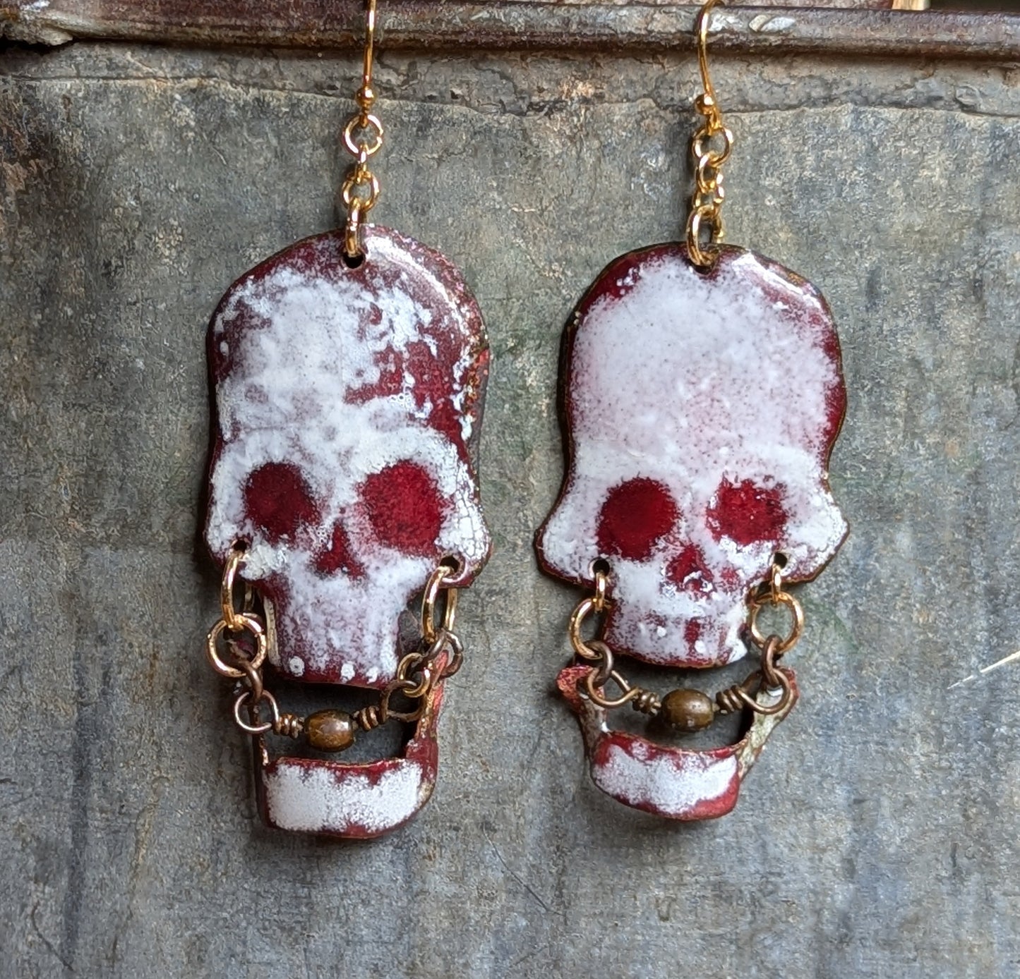 Ball gag skully earrings, hand formed enameled copper