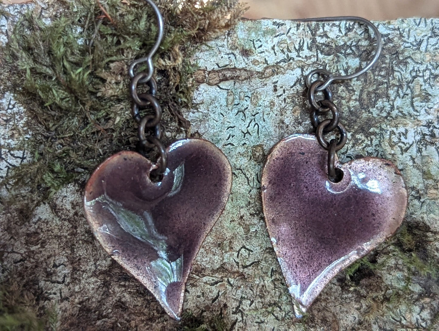 Purple heart earrings, copper torch fired translucent enamel