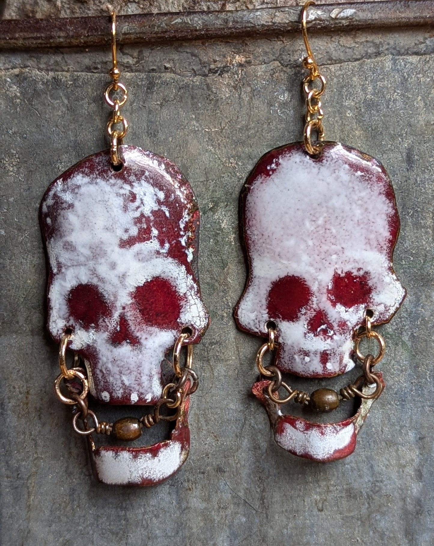 Ball gag skully earrings, hand formed enameled copper