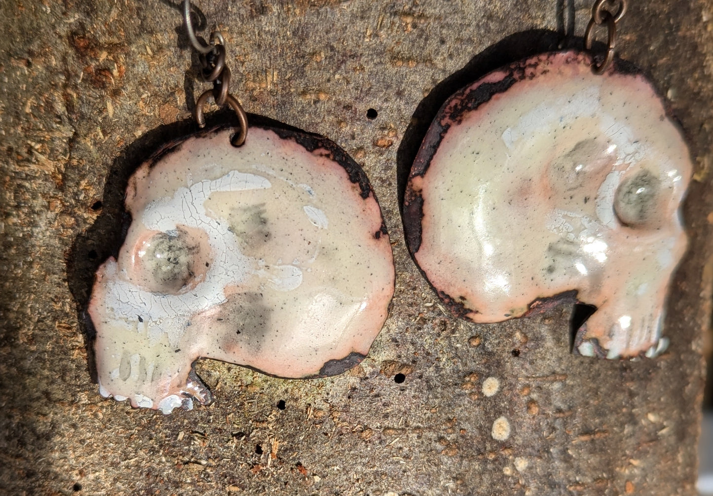 Skull earrings, 'Alas poor Yorick' enameled copper handmade momento mori