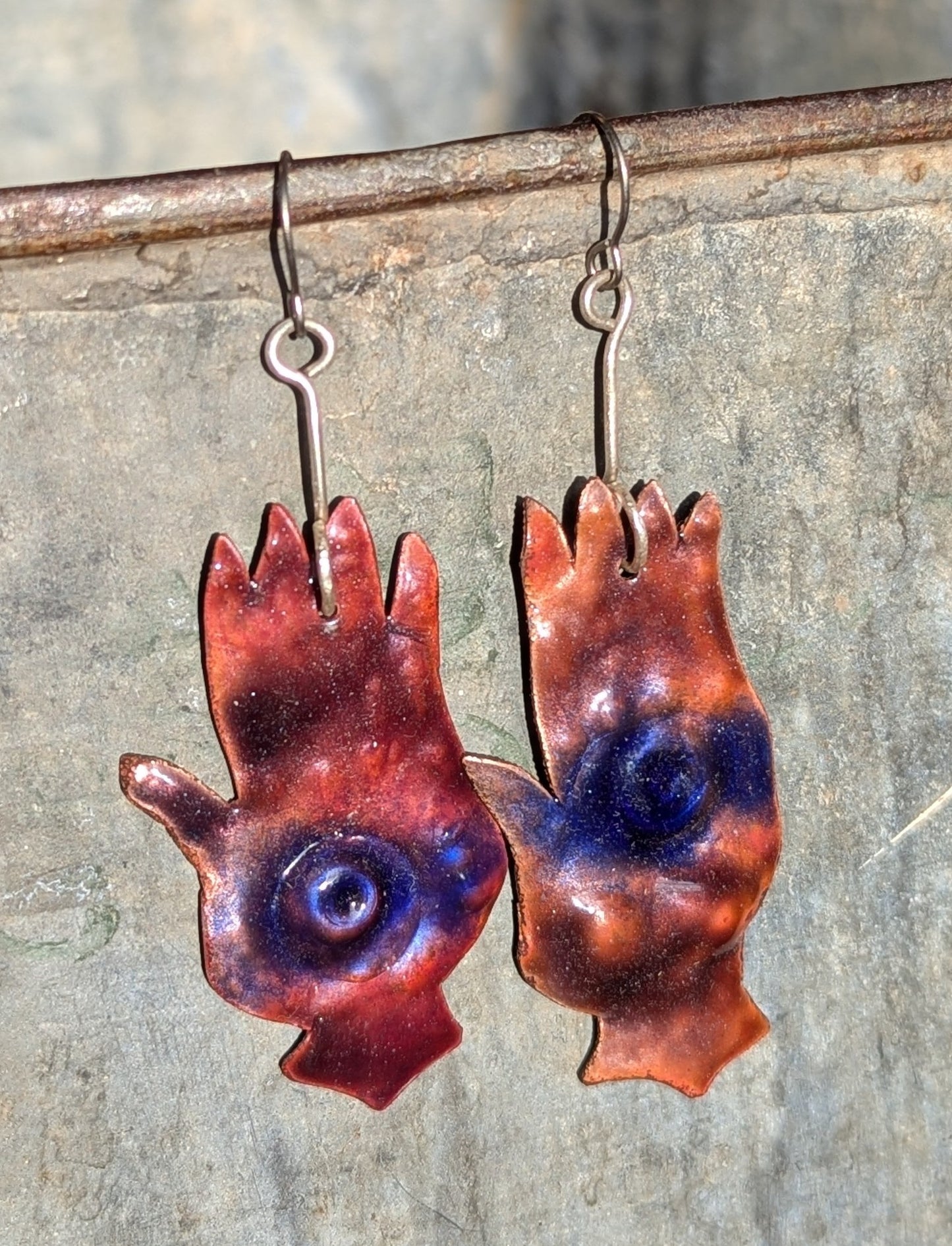 Eye palm earrings. Wards against the evil eye. Hand formed, enameled copper