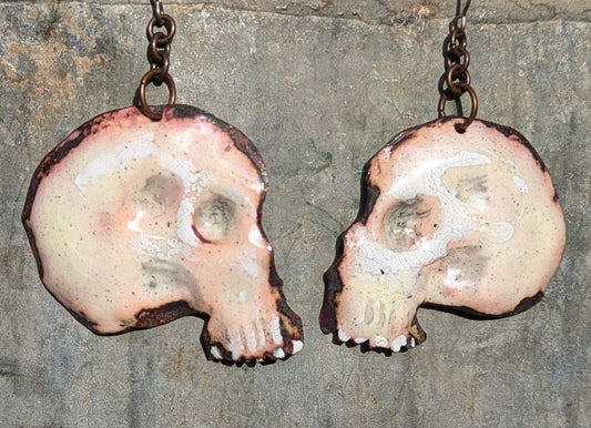 Skull earrings, 'Alas poor Yorick' enameled copper handmade momento mori